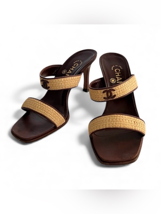 CHANEL Shoes - CHANEL Brown Leather and Natural Raffia Double-Strap Heeled Sandals